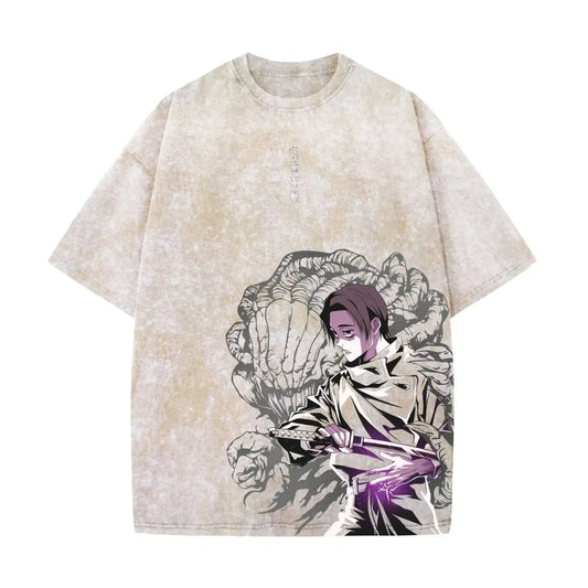 T-shirt Jujutsu Kaisen Yuta Beige Délavé : beige délavé imprimé du personnage Yuta, manches courtes