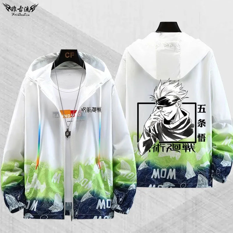 Veste à capuche zippée blanche, imprimé Gojo, bas vert et bleu.