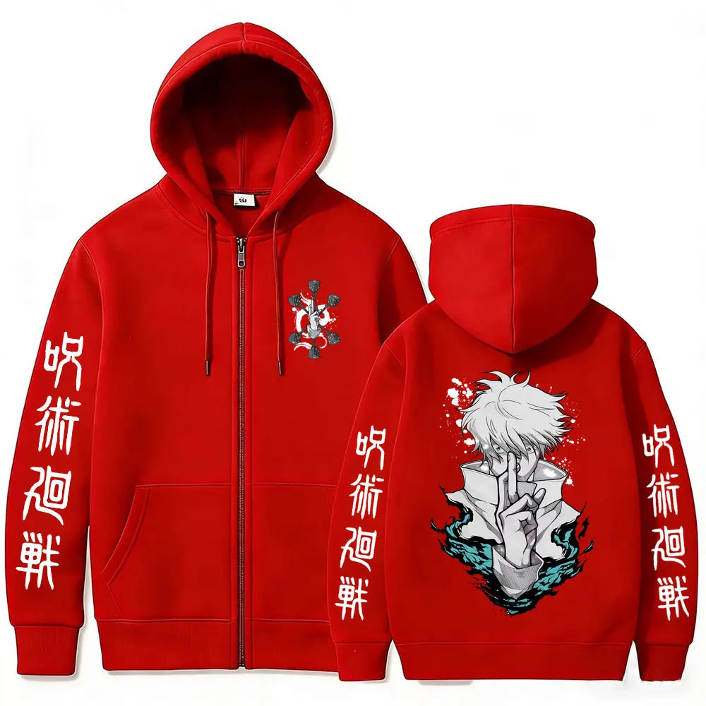 Gilet zippé à capuche rouge, impression personnage et caractères sur manches