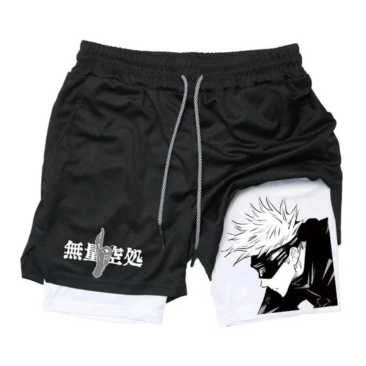 Short Jujutsu Kaisen Gojo Profil Noir et Blanc : noir avec cordon et poche décorative blanc/noir du visage stylisé Gojo