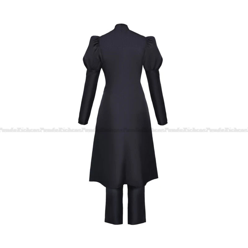 Robe noire mi-longue cintrée, manches bouffantes, tenue avec pantalon assorti