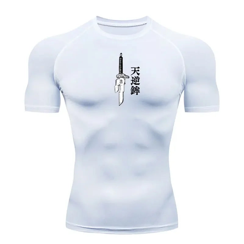 T-shirt de compression blanc avec coutures contrastées et motif épée blanche au centre