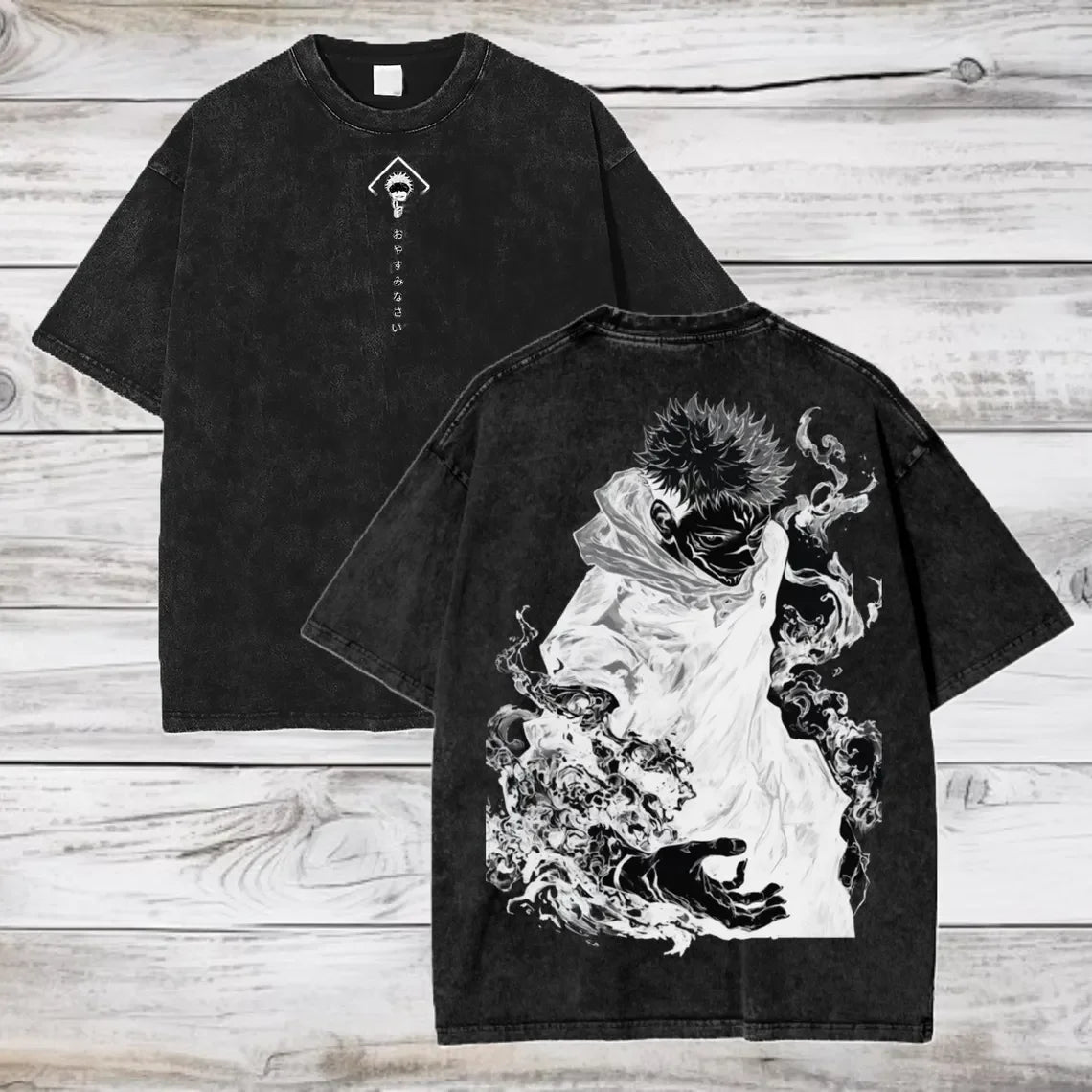 T-shirt noir à imprimé manga grand format, dos avec illustration contrastée