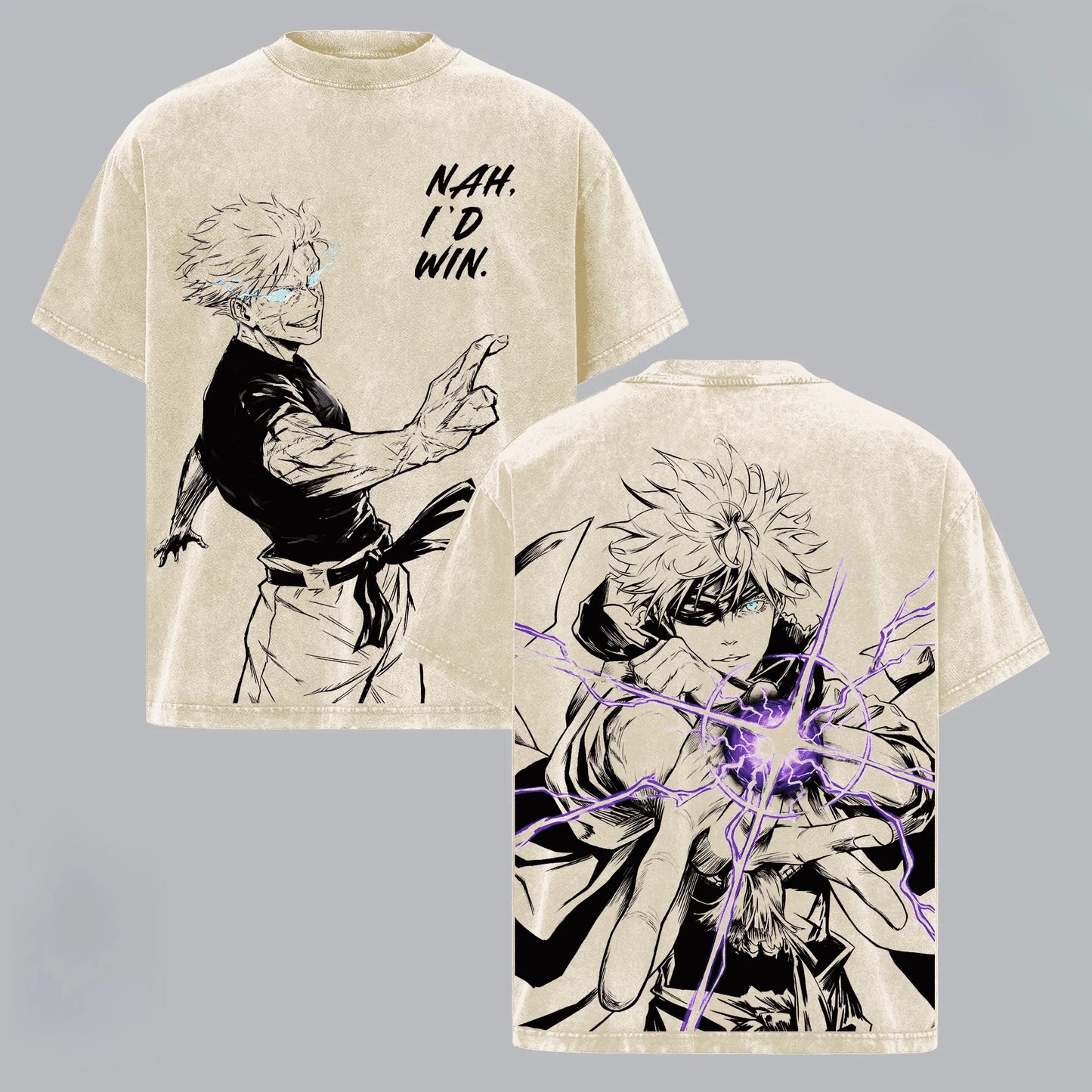 T-shirt beige col rond avec illustrations anime devant et dos, détails violet