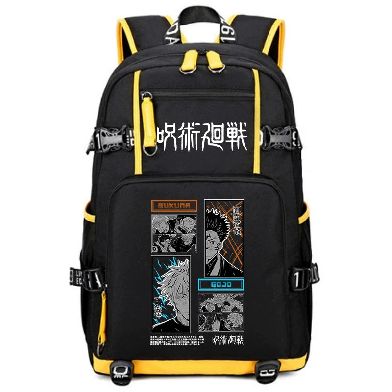 Sac à dos noir et jaune, grand compartiment zippé, poches avant avec graphismes manga