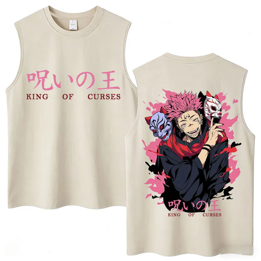 Débardeur Jujutsu Kaisen Sukuna Masques Renard Rose : sans manches écru, imprimé rose et noir d’un personnage « King of Curses »