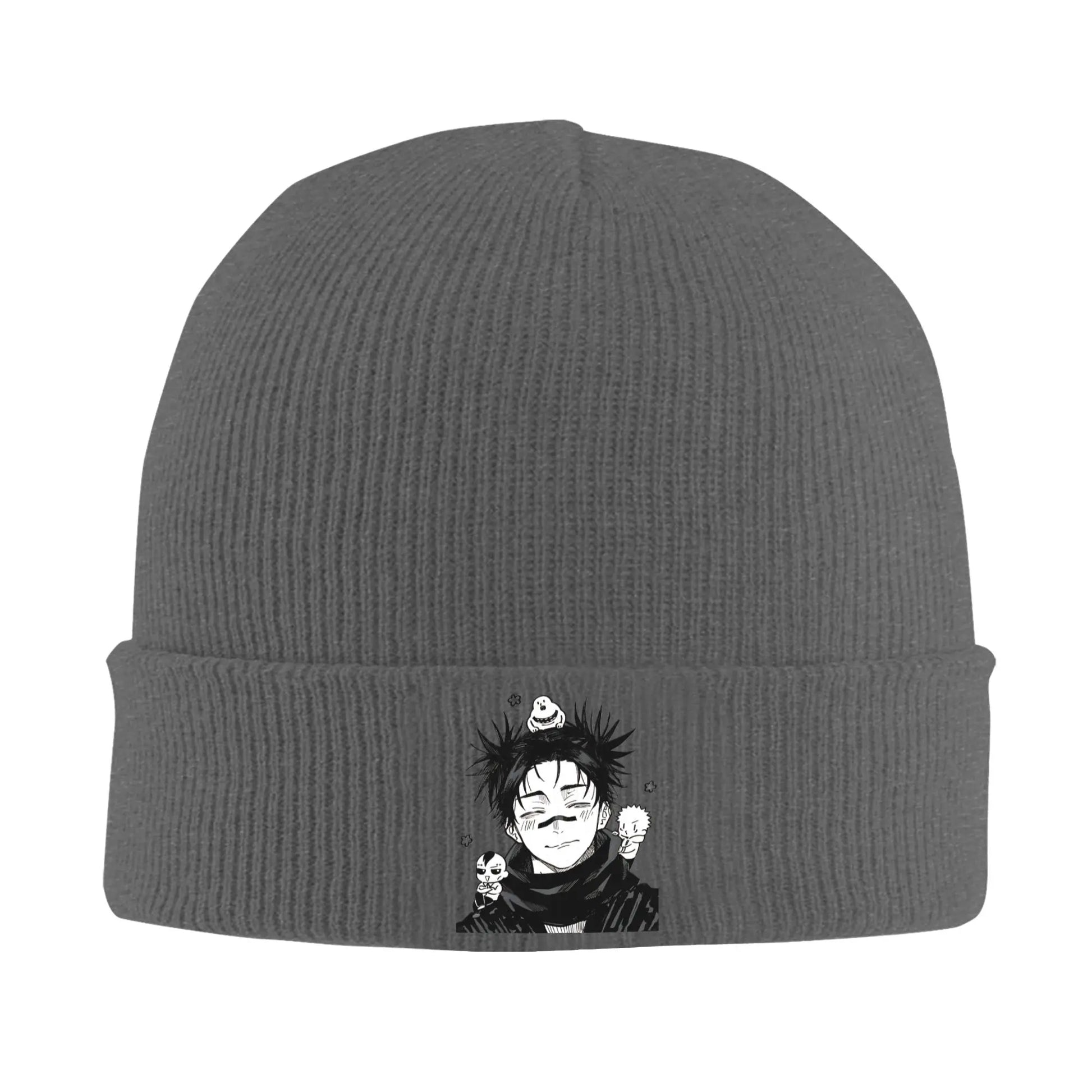 Bonnet Jujutsu Kaisen gris en tricot, revers côtelé avec appliqué Choso chibi