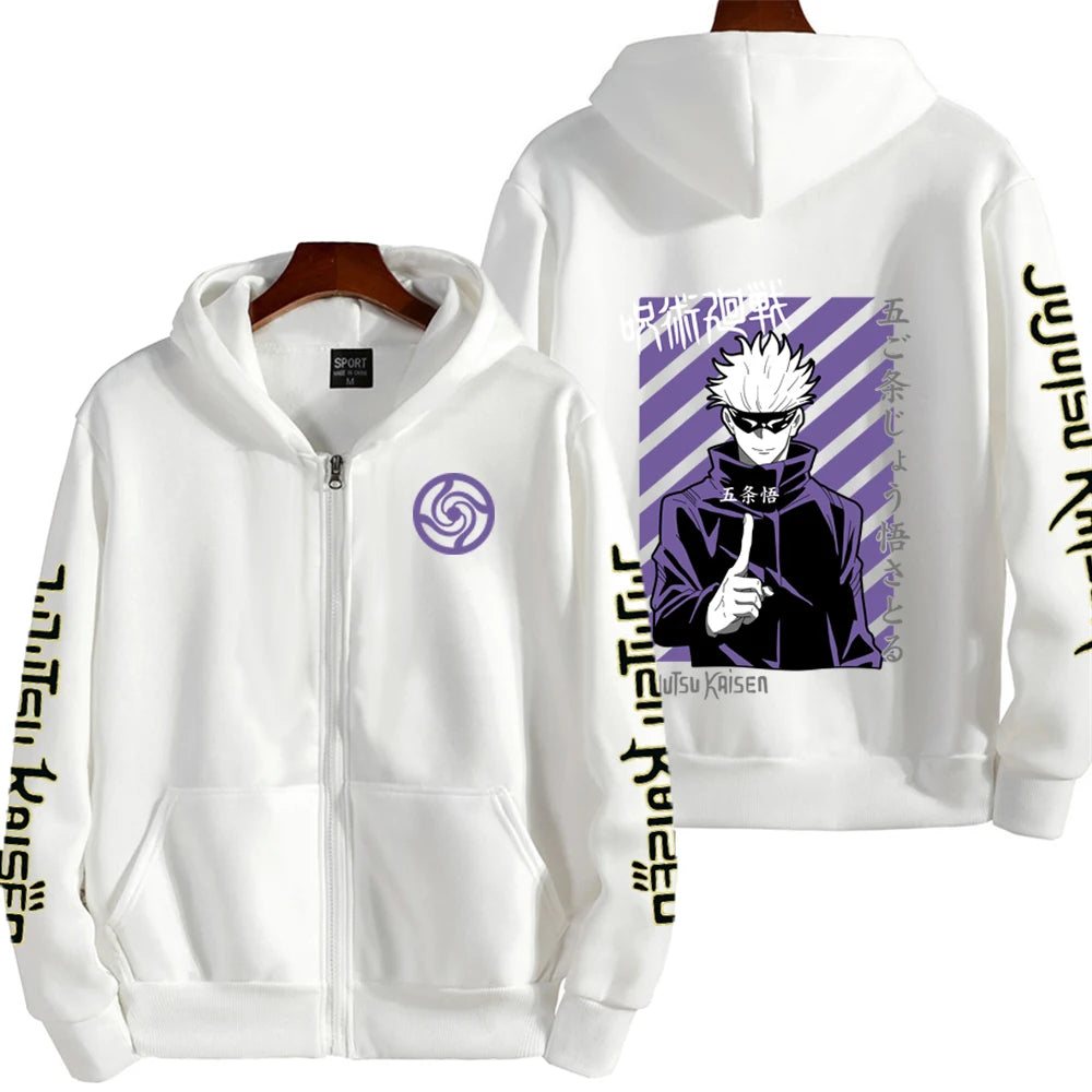 Veste à capuche zippée blanche avec motif violet sur le devant et le dos.