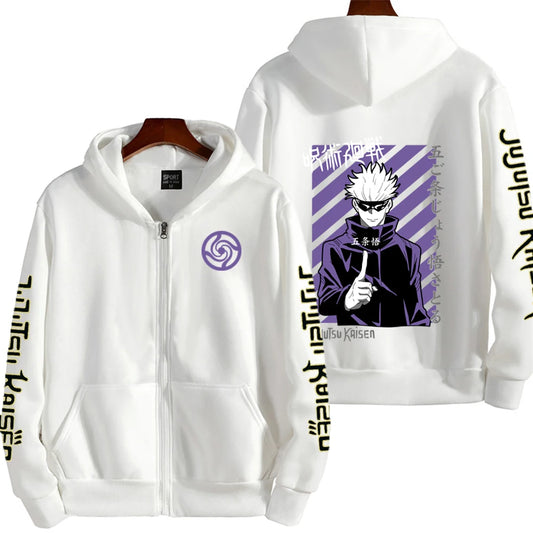 Veste à capuche zippée blanche avec motif violet sur le devant et le dos.