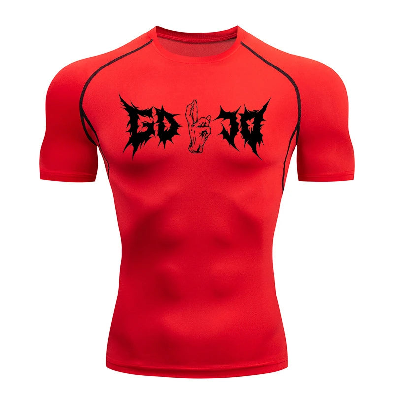 T-shirt compressif rouge manches courtes, imprimé graphique noir au buste.