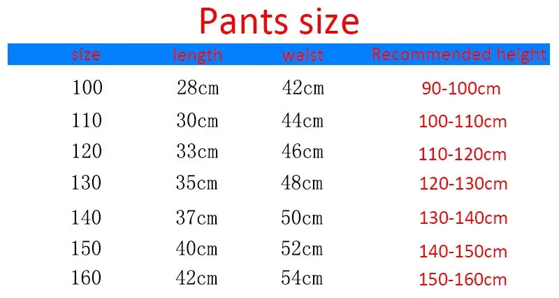 Tableau de tailles pantalon : longueurs et tours de taille recommandés de 100 à 160.