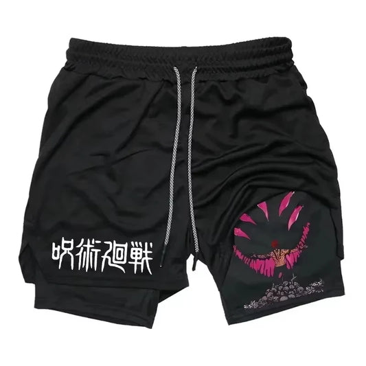 Shorts de sport noirs avec cordon et imprimé rose au bas de la jambe droite.