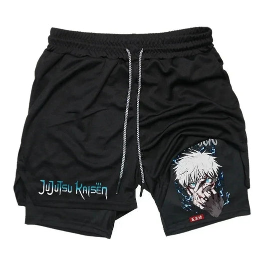 Short noir Jujutsu Kaisen avec cordon, logo turquoise et visuel Gojo bleu sur jambe