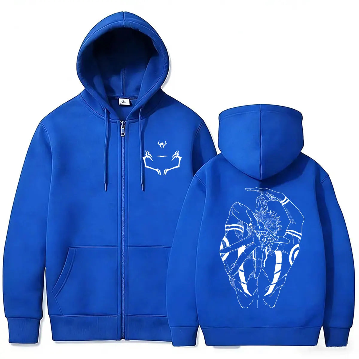 Veste à capuche zippée bleue, imprimé démon aux yeux devant et dos, poches kangourou