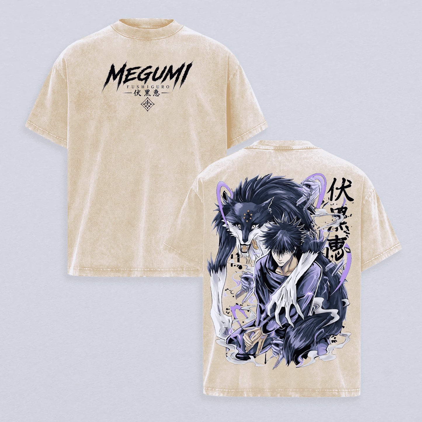 T-shirt beige col rond, imprimé MEGUMI devant et illustration au dos.