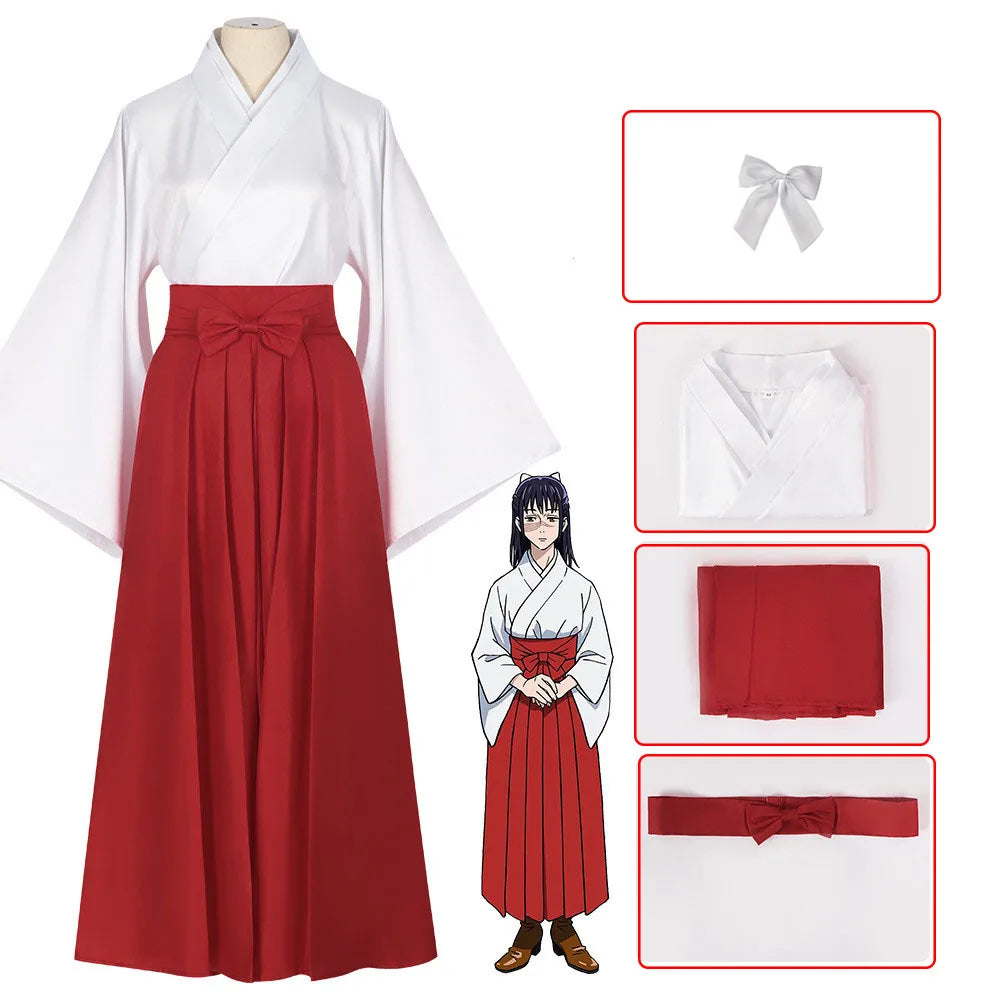 Ensemble de cosplay complet : kimono blanc, jupe longue rouge plissée, perruque et ruban inclus.