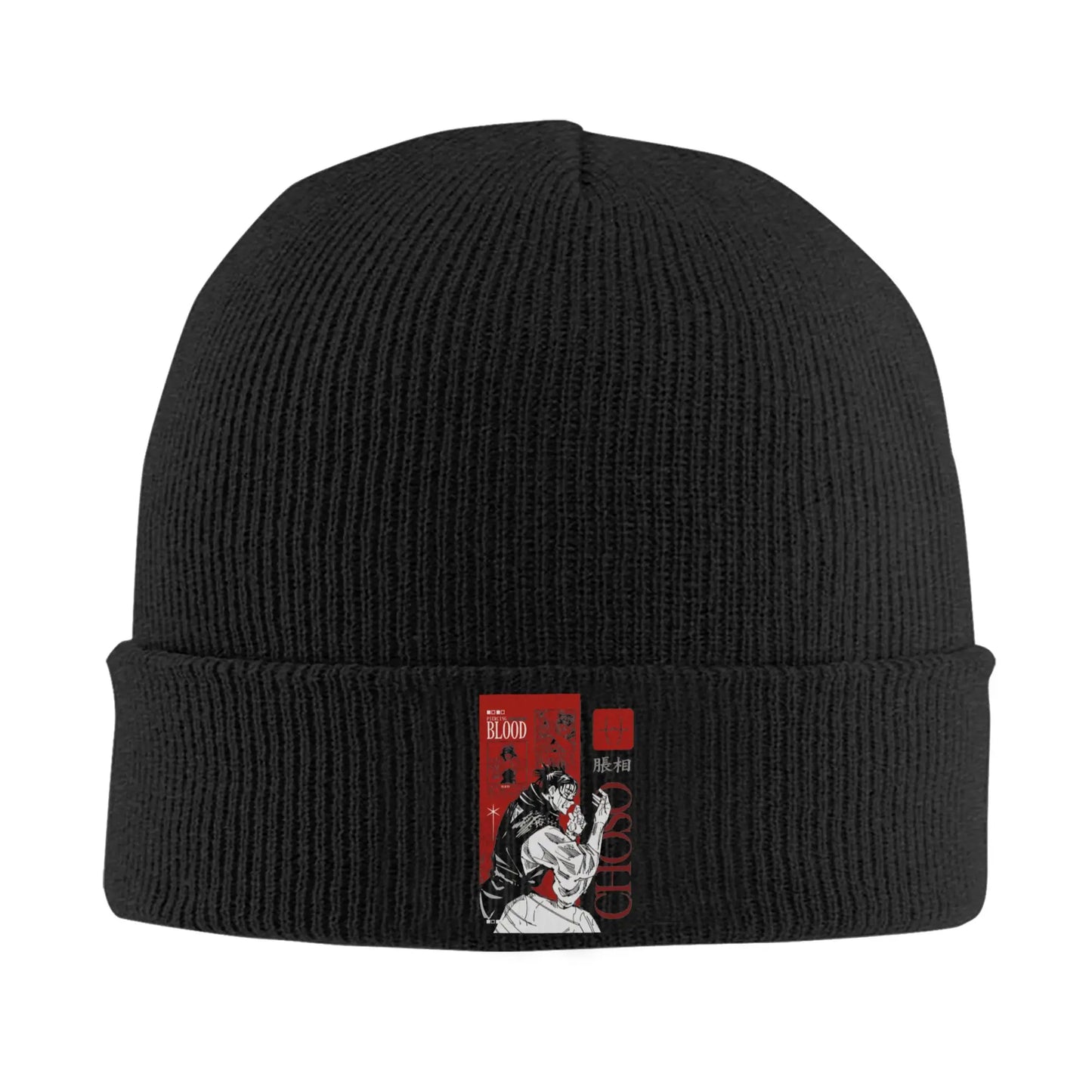 Bonnet Jujutsu Kaisen Choso Carte Rouge : en tricot noir avec revers et motif graphique rouge et blanc sur le devant