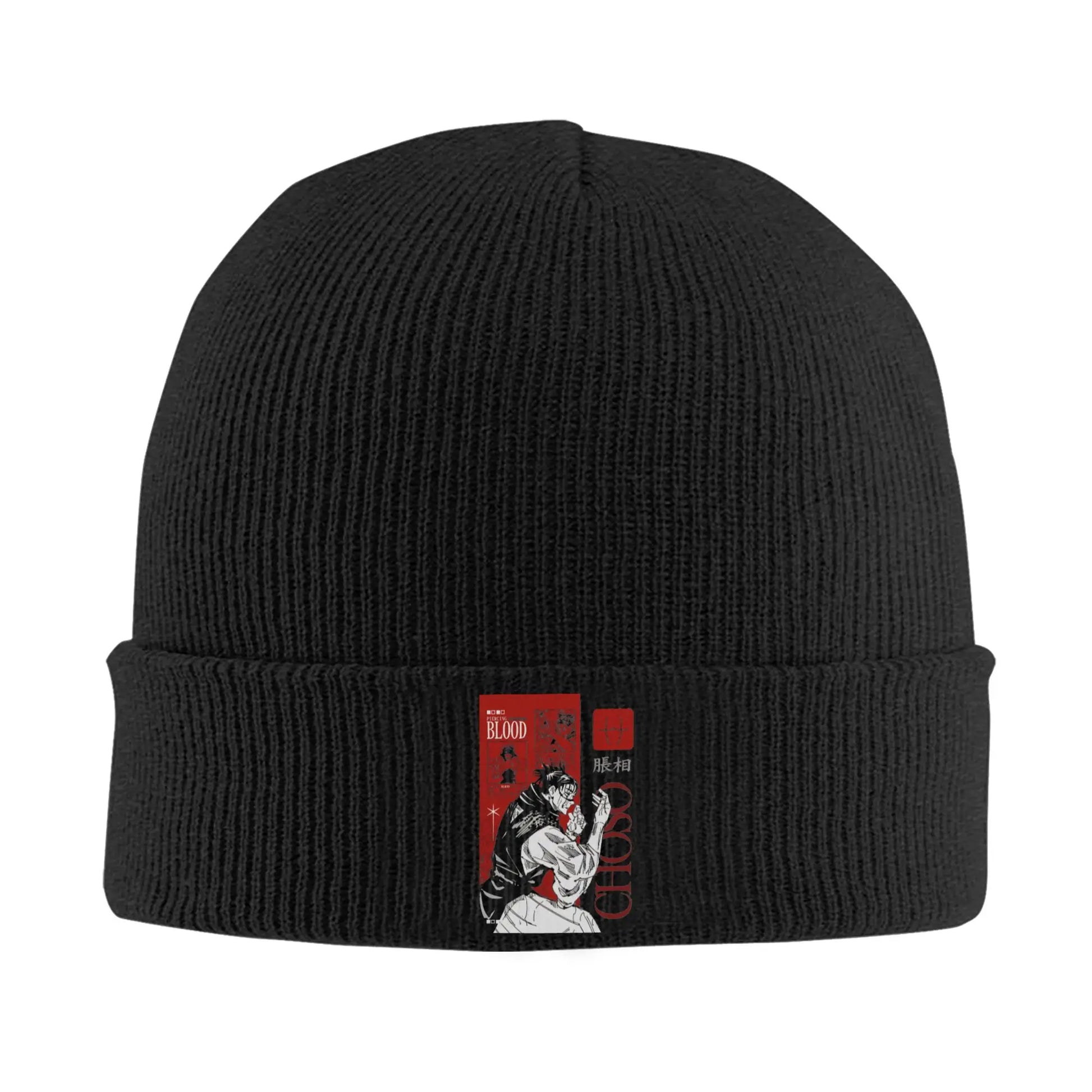 Bonnet Jujutsu Kaisen Choso Carte Rouge : en tricot noir avec revers et motif graphique rouge et blanc sur le devant