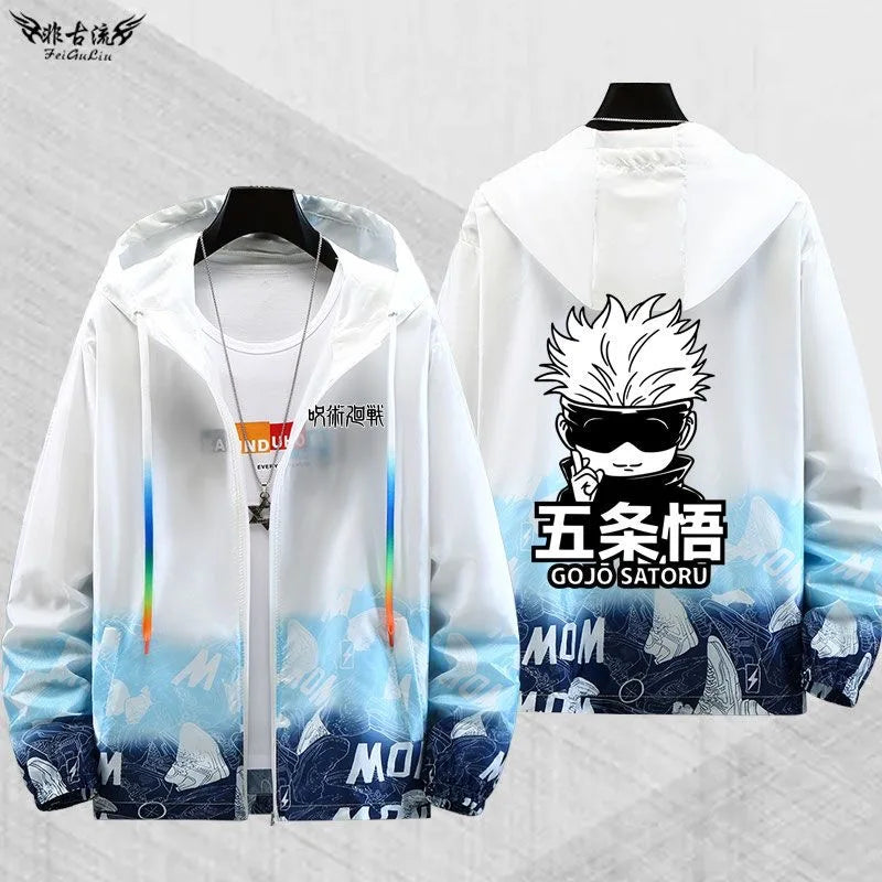 Veste à capuche zippée blanche, imprimé dos Gojo Satoru, motifs bleus.