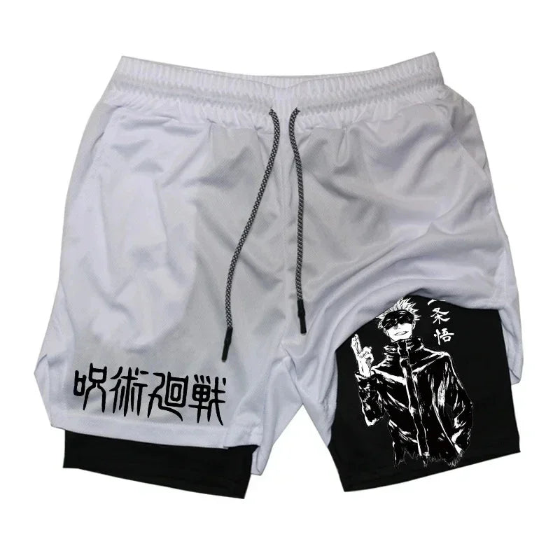 Short Jujutsu Kaisen Gojo Gris Trait Blanc : s bicolores gris et noir, taille élastique et cordon, impression graphique.