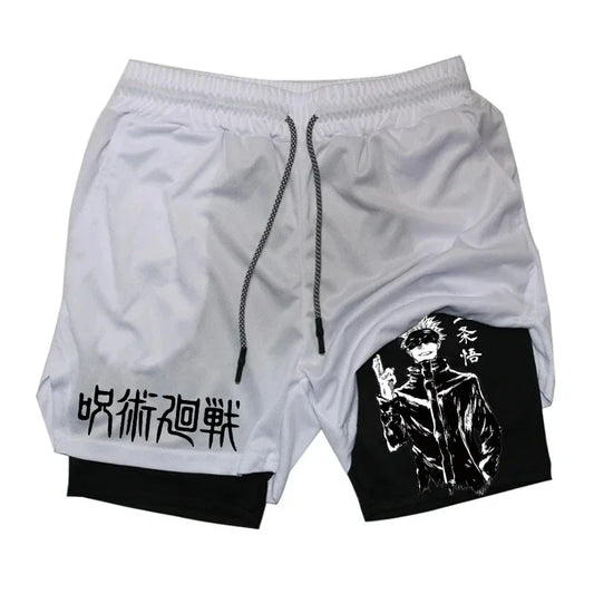 Short Jujutsu Kaisen Gojo Gris Trait Blanc : s bicolores gris et noir, taille élastique et cordon, impression graphique.