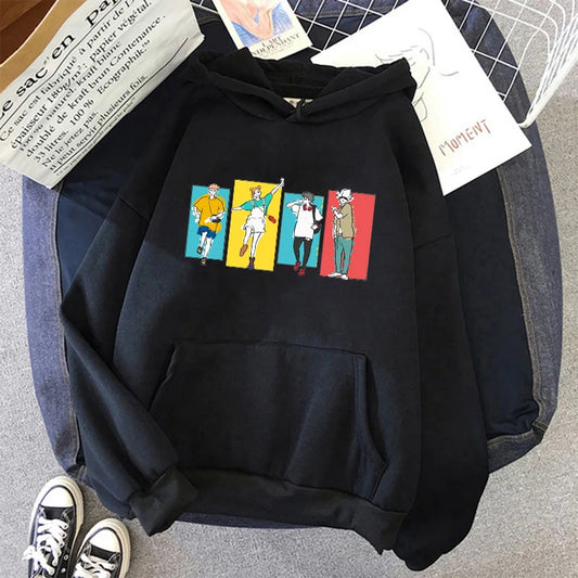 Pull à capuche noir Jujutsu Kaisen avec grande impression multicolore sur le devant