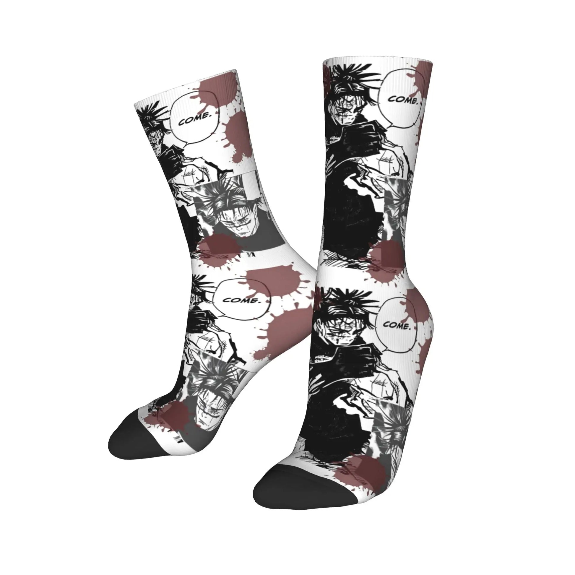 Chaussettes mi-mollet blanches à motifs manga noir et rouge, semelle noire.