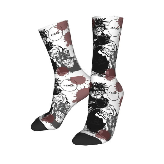 Chaussettes mi-mollet blanches à motifs manga noir et rouge, semelle noire.