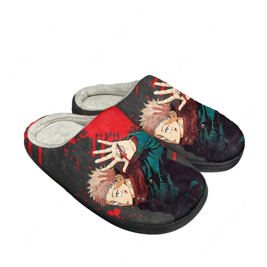 Chaussons sombres à motifs anime Itadori Yuji, intérieur gris, à enfiler