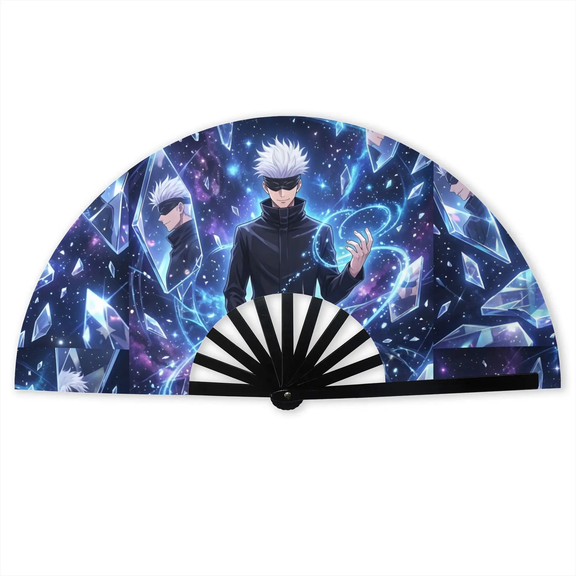 Éventail pliant à manche noir, décor bleu cosmique avec personnage stylisé