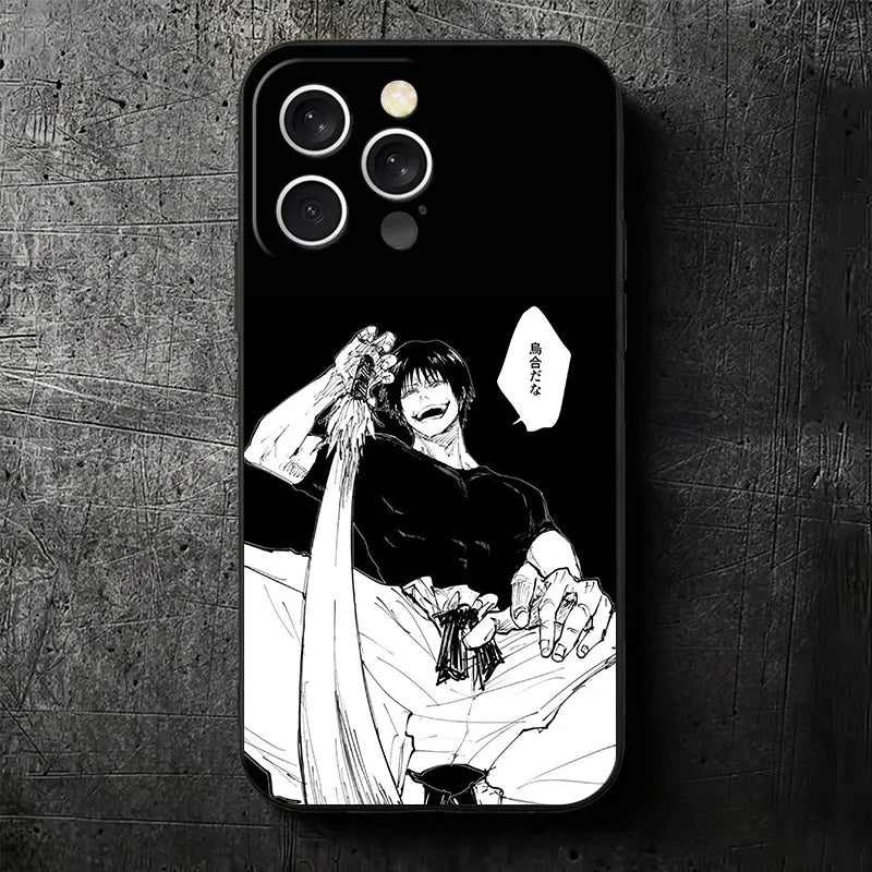 Coque iPhone noire avec illustration en blanc de Toji Fushiguro et découpes caméras