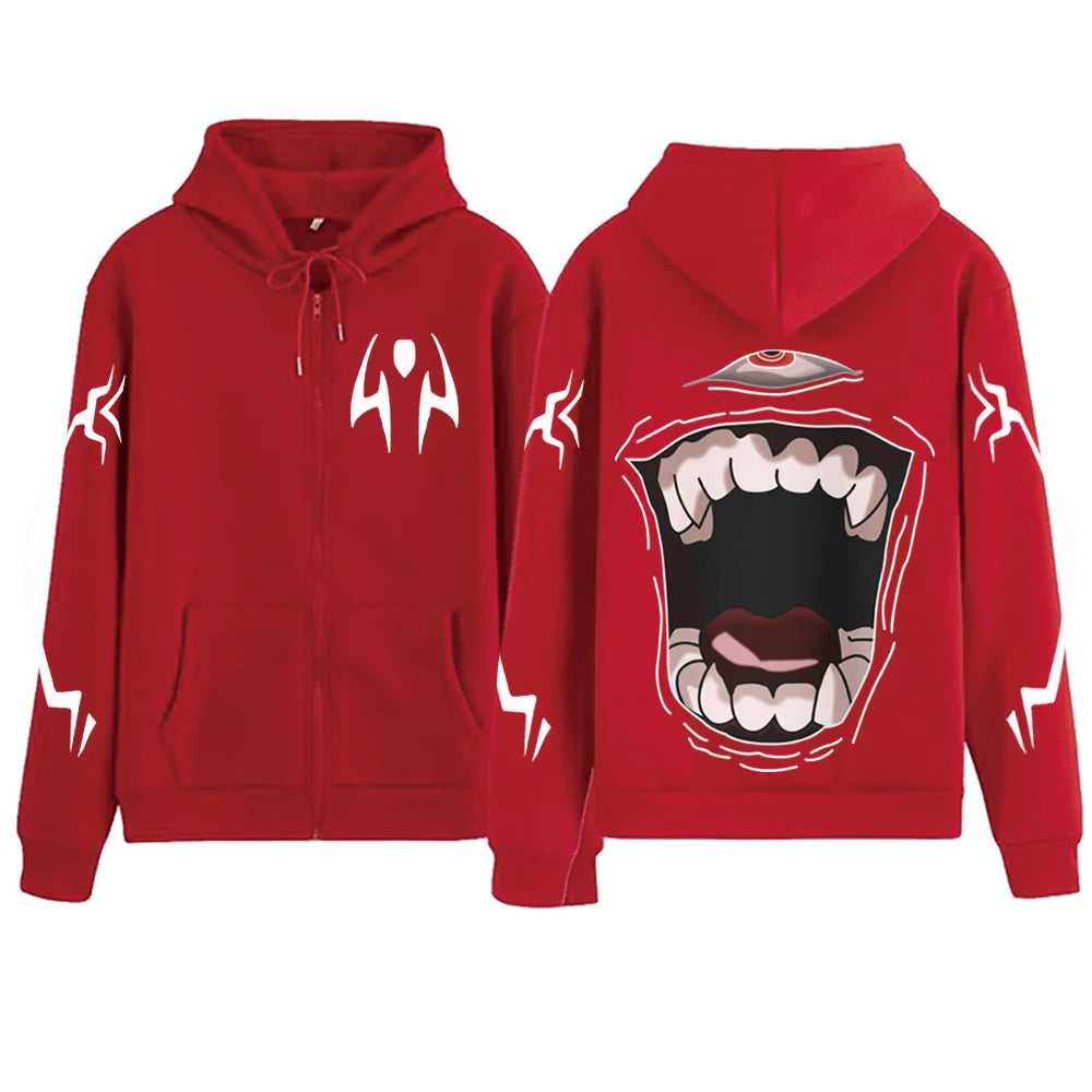 Veste à capuche zippée rouge, motif manga imprimé sur le torse et les manches.