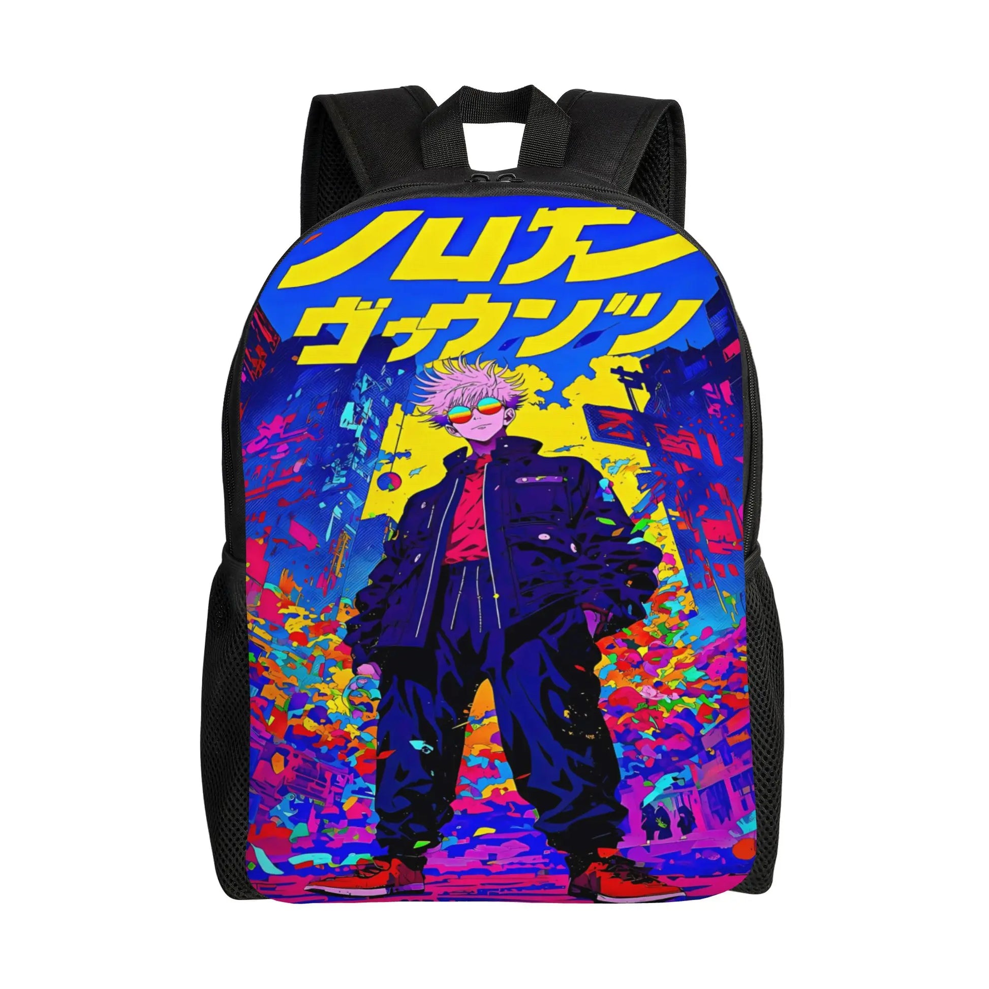 Sac à dos noir à motif pop art multicolore, personnage sur la poche avant.