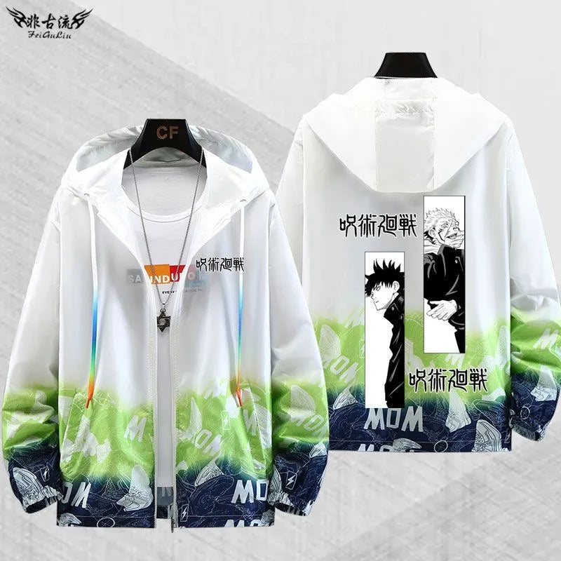 Gilet transparent Gojo Jujutsu Kaisen à capuche, dos avec visuels manga contrastés et motif MOM
