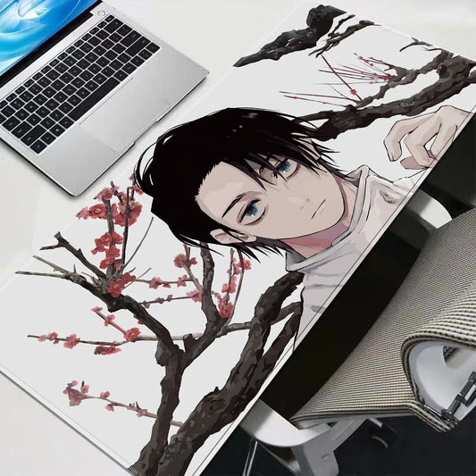Tapis de souris Jujutsu Kaisen Yuta Prunier Encre : rectangulaire encre, visuel Yuta avec portrait et fleurs rouges sur branche