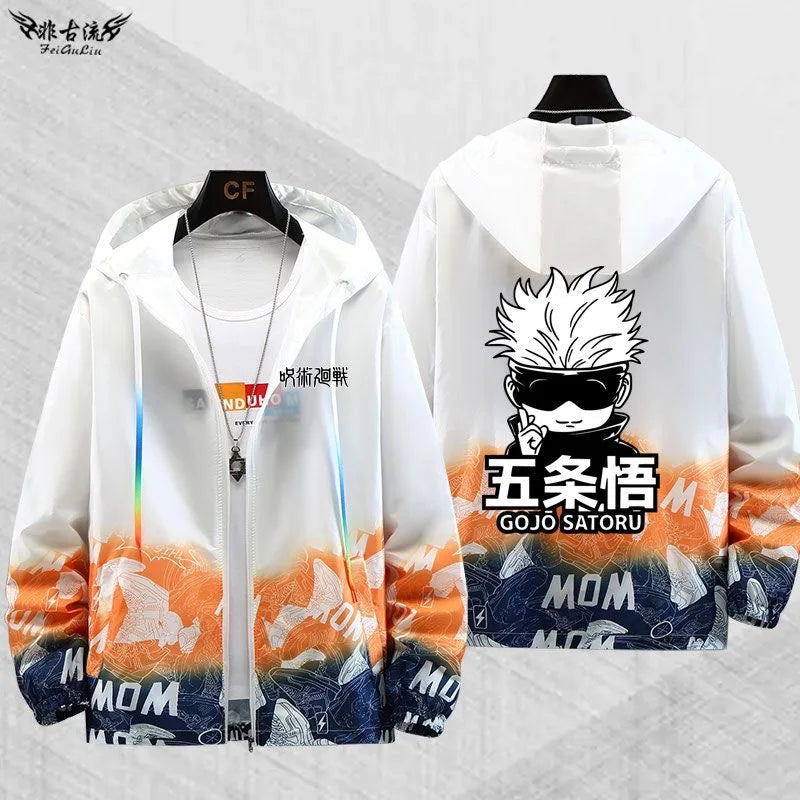 Veste à capuche zippée blanche, imprimé Gojo au dos, motifs bleu et orange.