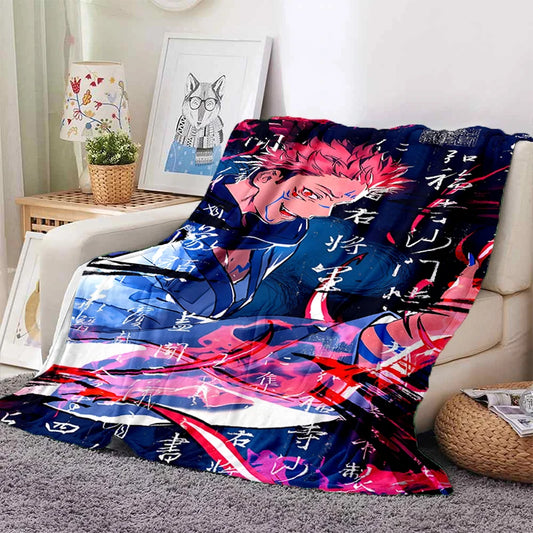 Plaid Jujutsu Kaisen Roi Des Fléaux : en tissu bleu marine à motifs de personnages animés, tons rouge et rose