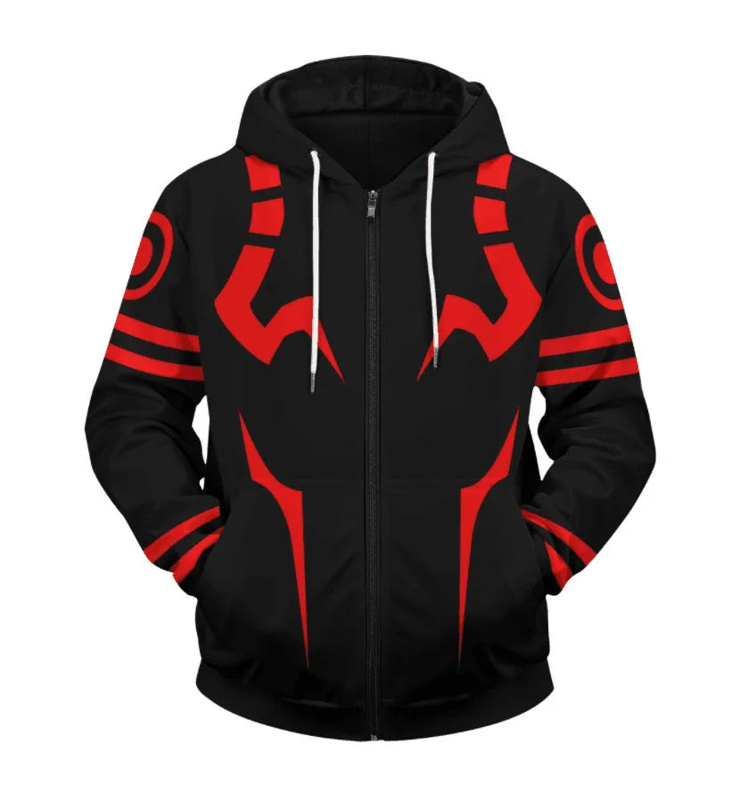 Veste à capuche noire zippée, grand motif rouge au torse et aux manches