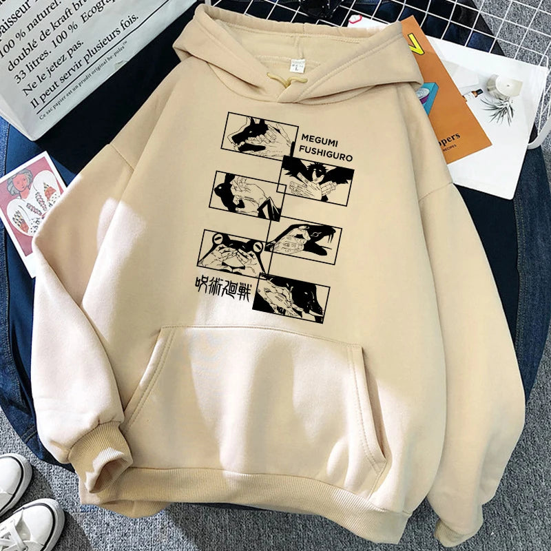 Sweat à capuche beige avec poche kangourou et grand motif Megumi Fushiguro