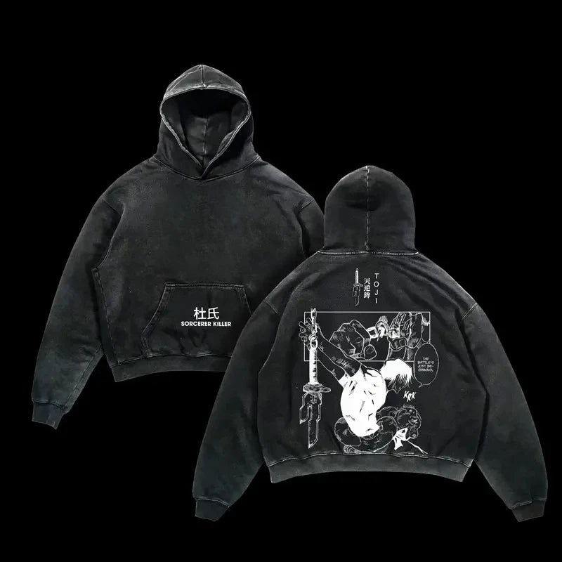Pull Jujutsu Kaisen Toji Sorcerer Killer Manga : sweat à capuche sombre avec poche kangourou et grand visuel imprimé au dos.