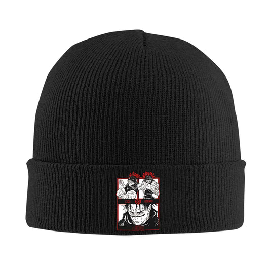 Bonnet Jujutsu Kaisen Choso Trio Rouge : en tricot noir avec écusson rouge et blanc au centre