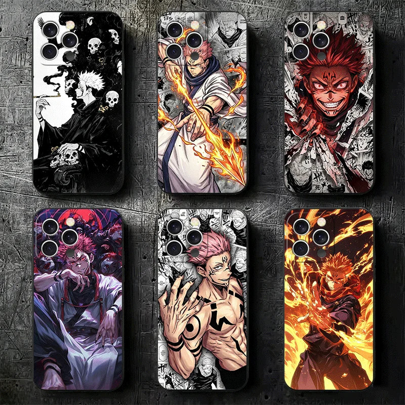 Lot de coques iPhone Ryomen Sukuna, visuels manga noirs, rouges et orangés, caméras apparentes