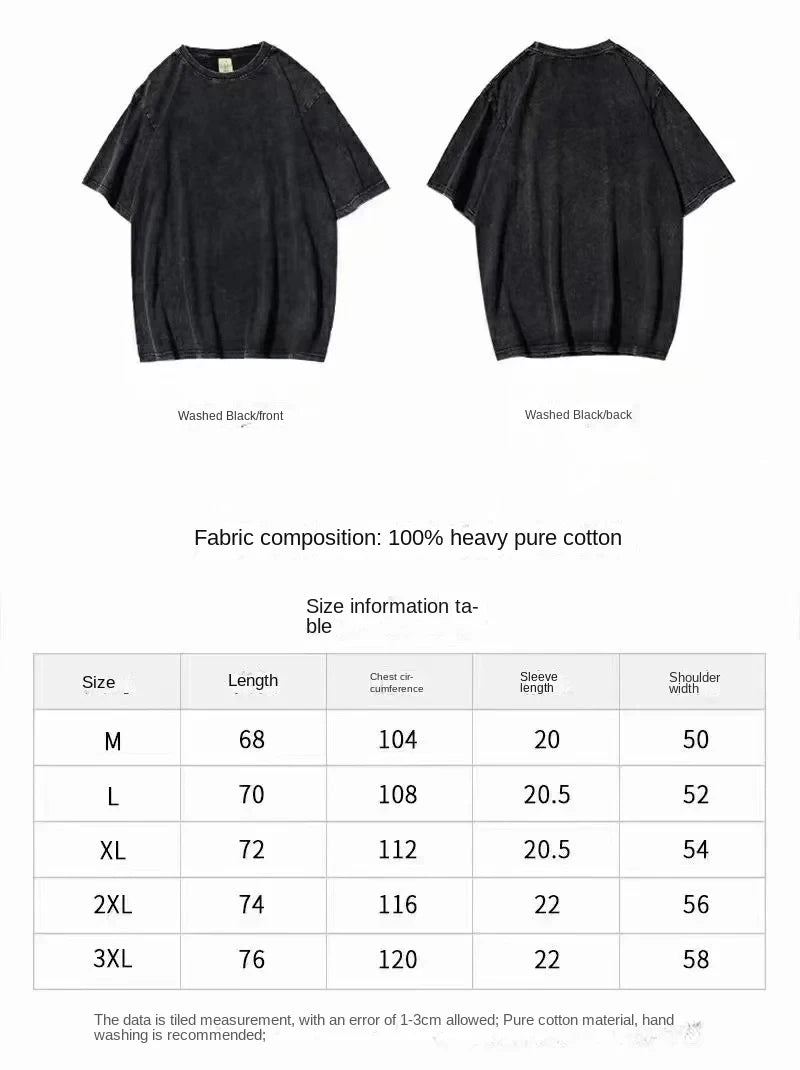 T-shirt noir délavé, vues devant et dos, manches courtes col ras du cou