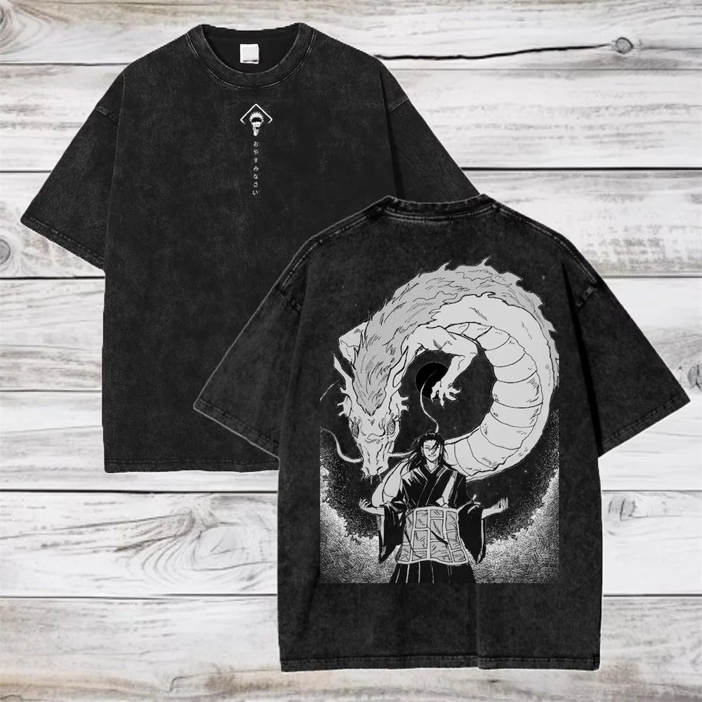 T-shirt noir à imprimé dragon et personnage en dégradé gris, col rond