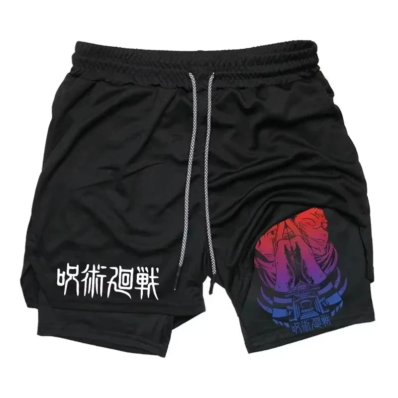 Shorts de sport noirs avec cordon et imprimé rouge et violet au bas de la jambe droite.
