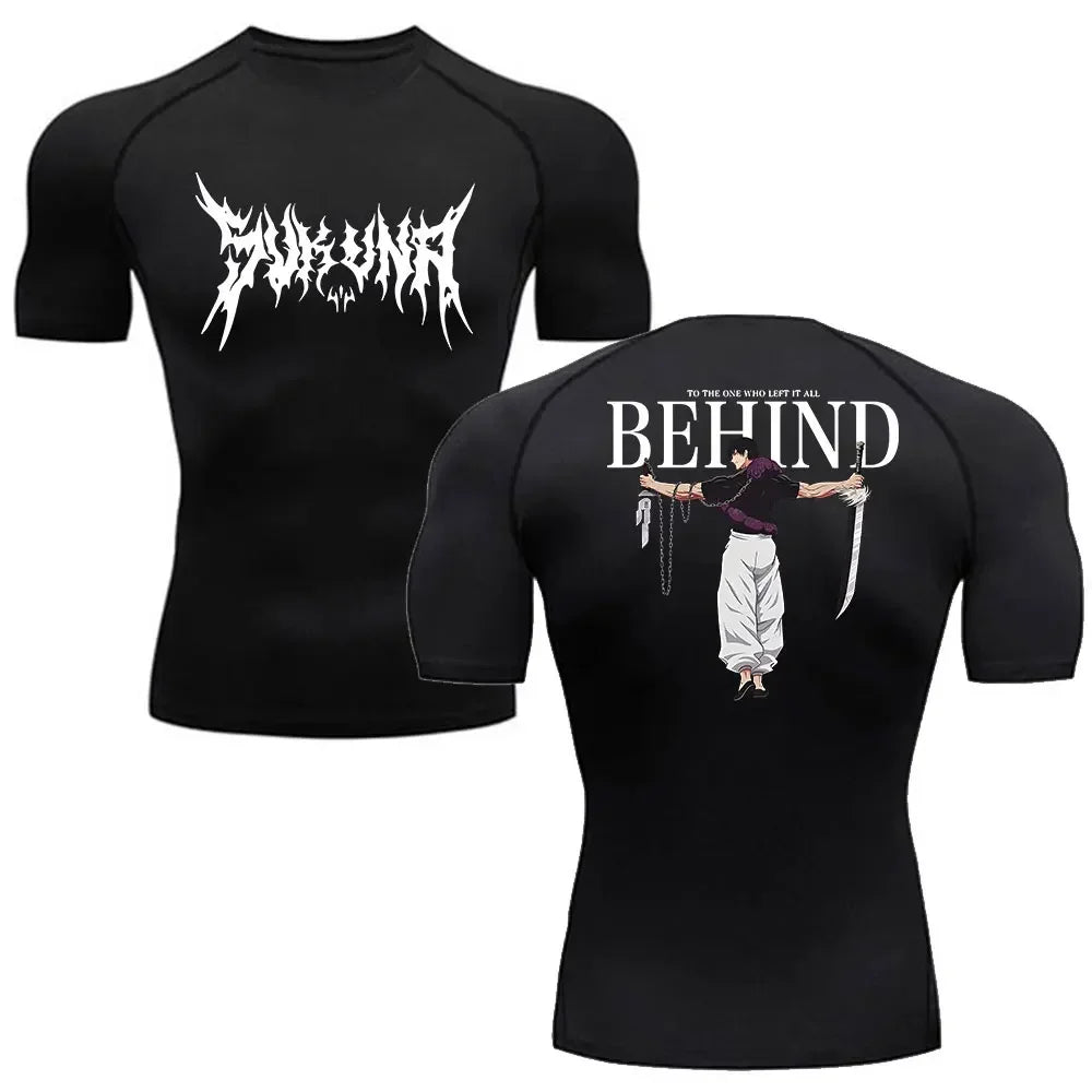 T-shirt compression noir avec imprimé « Sukuna x Behind » devant et au dos