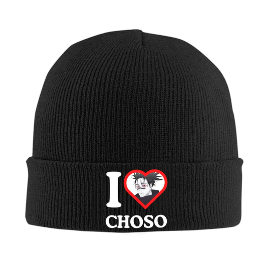Bonnet Jujutsu Kaisen Choso Slogan I Love : noir en maille avec motif cœur rouge « I » et « CHOSO » brodés