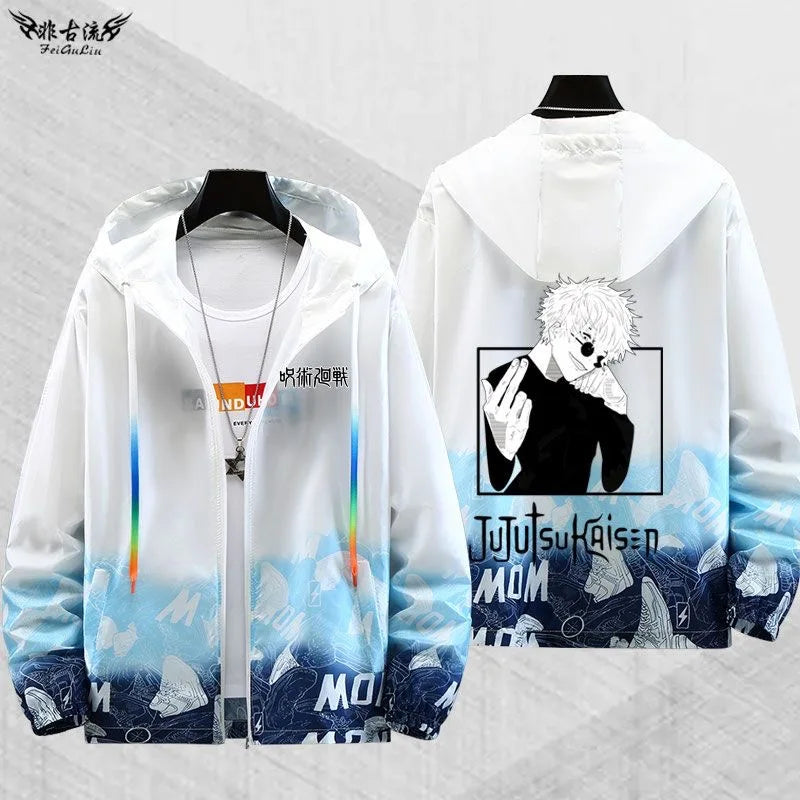 Gilet transparent Gojo Jujutsu Kaisen à capuche, dos avec personnage et texte Jujutsukaisen MOM