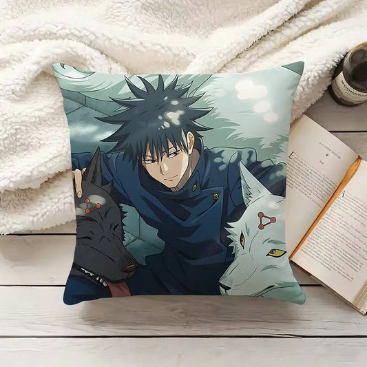 Coussin Jujutsu Kaisen Megumi Chien De Jade : carré décoratif avec personnage anime Megumi et chien de jade, tons vert bleu