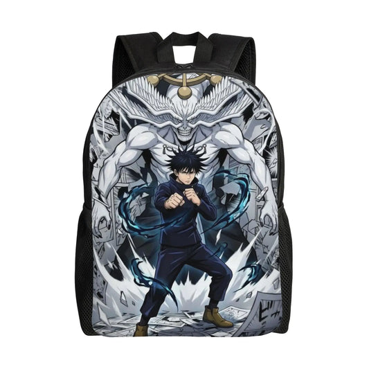 Sac à dos noir avec imprimé anime bleu et gris, personnage au centre, sangles noires